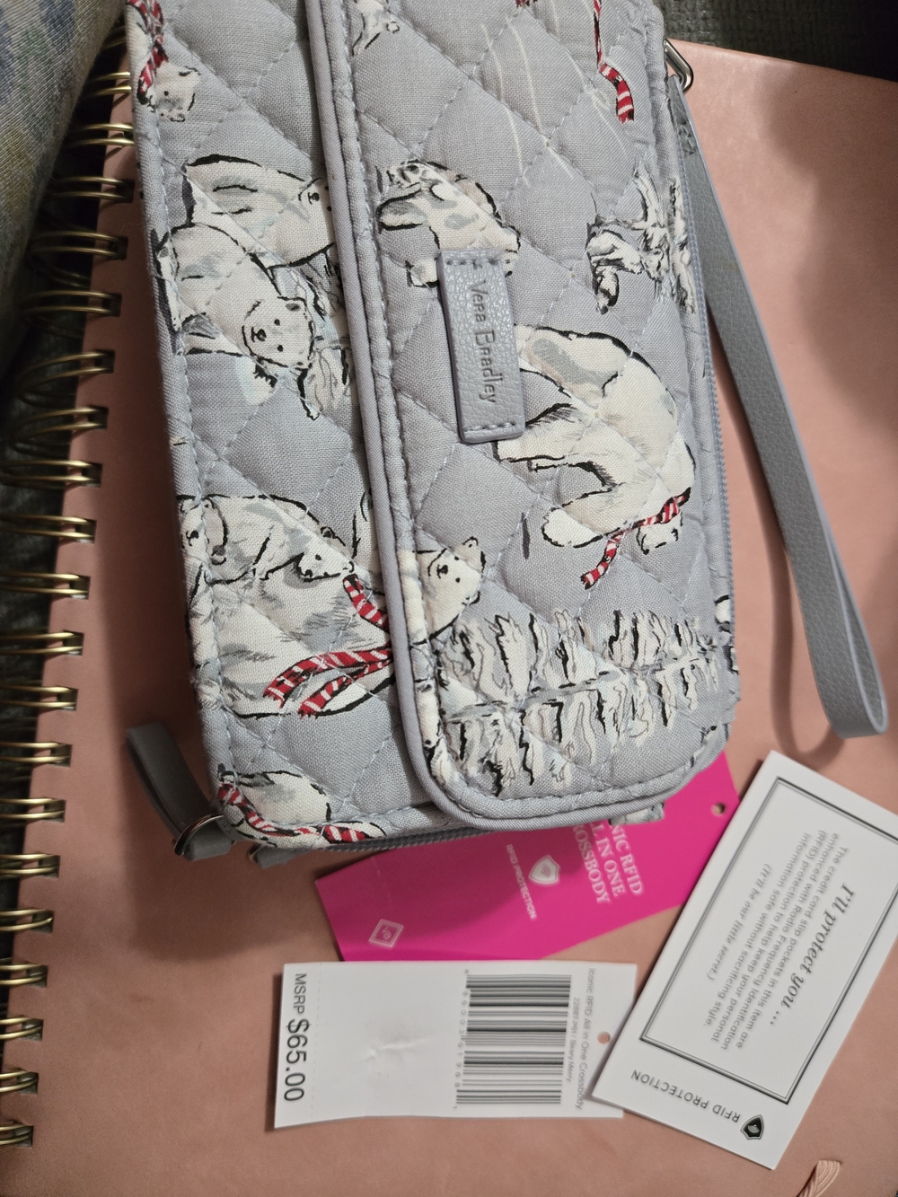 Vera Bradley Light Gray Quilted Wristlet with Polar Bear Print